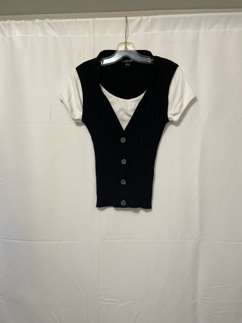 August Silk Ribbed Layered Shell with White T-shirt Black/White Womens Medium